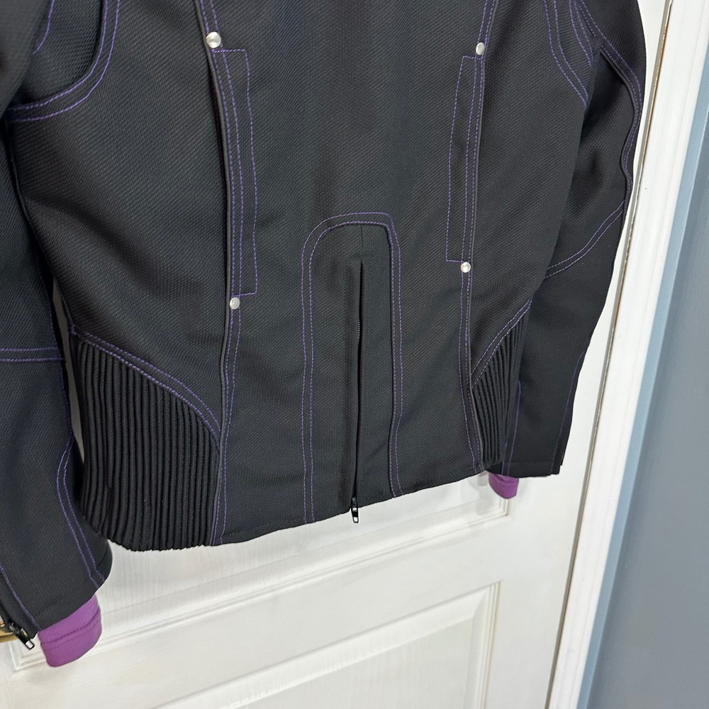 Women Black Purple Motorcycle Jacket Hoodie Liner Tribal Embroidery Biker Medium - Picture 9 of 16